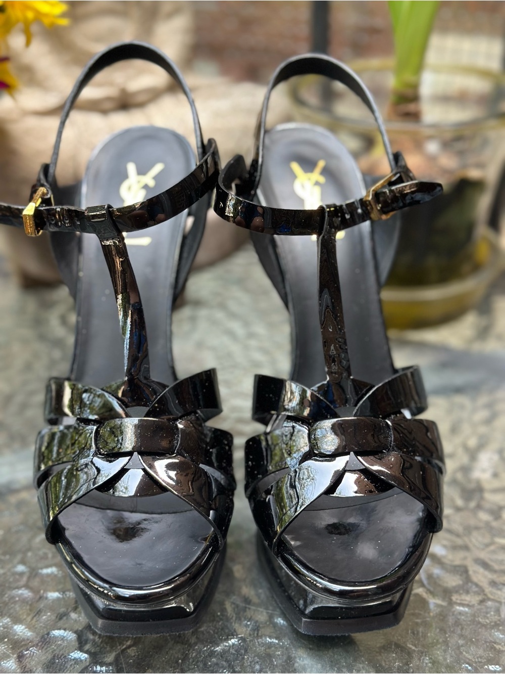 Yves Saint Laurent Black Patent Tribute T-Strap Platform Sandals